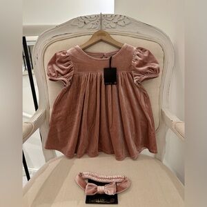 🦢 18 Mth Dusty Rose Velvet Puff Sleeve Baby Dress with Headband Bow NWT